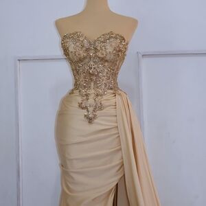 Elegant Champagne Embellished Evening Gown